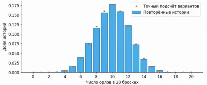 Доля историй по числу орлов в 20 бросках: повторы и точный подсчёт